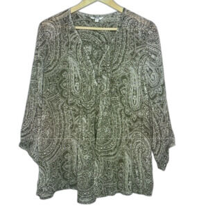 Sonoma Olive Green Semi Sheer Lace Top Pleated Front Blouse Size Large !